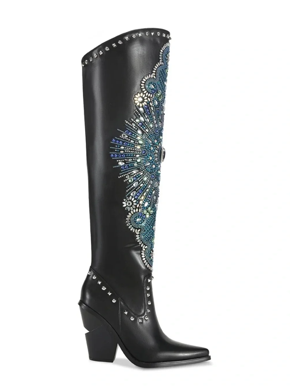 Azalea Wang Axelbeat Embellished Black Over-the-Knee Boot with Blue Accents 8.5